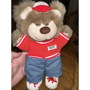 Vintage TRAPPERS TEDDY BEAR Plush Collectible 10" Red White Denim Jean Cap Shoes